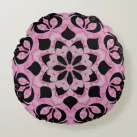 Pretty Pink Black Floral Leaves Filigree  Round Pillow