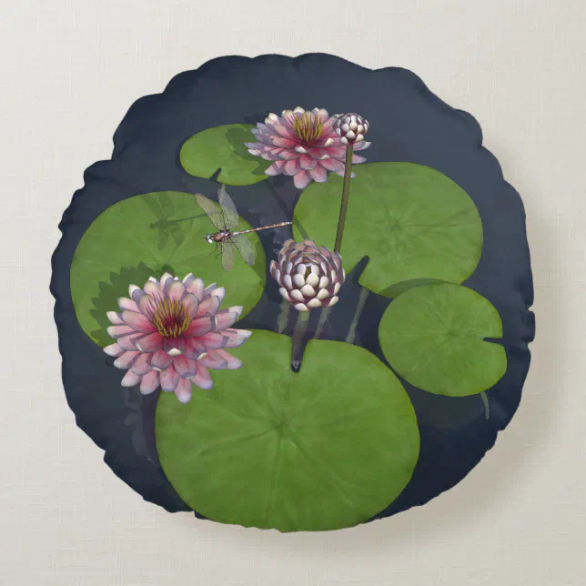Pretty Pink Water Lily and Dragonfly Round Pillow