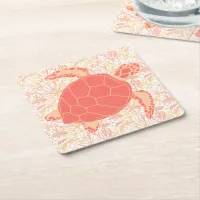 Sea Turtle Coral Pink and White Square Paper Coaster