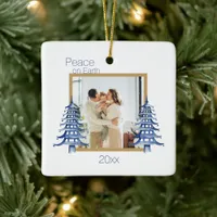 Blue Pagoda Christmas Trees 2-Photo Peace On Earth Ceramic Ornament