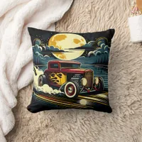 Classic hot rod cruising under a full moon throw pillow