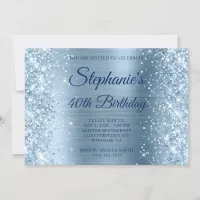 Glittery Light Blue Foil Monogram 40th Birthday Invitation