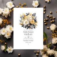 Gold, Black and White Floral Winter Wedding Invitation