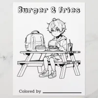 Color Me Page for Kids | Anime Boy Burger and Frie