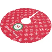 Wreath Monogram Your Name Red & White Snowflakes Brushed Polyester Tree Skirt