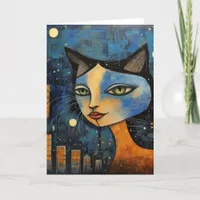 The Cat at Night in the City Mixed Media Collage Card