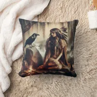 Native American Woman Sitting by River With Raven Throw Pillow