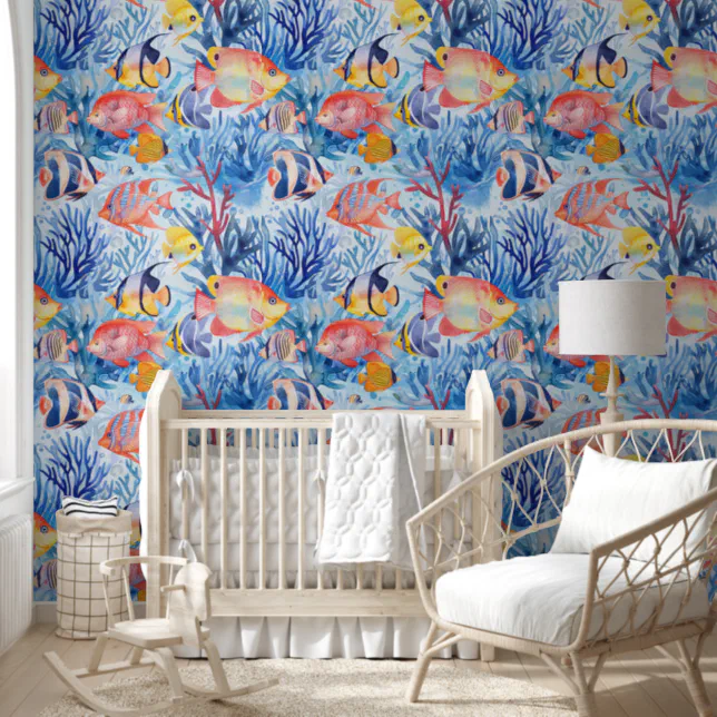 Watercolor Under The Sea Colorful Fishes Pattern Wallpaper