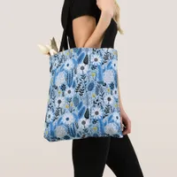 Shades of Blue and White Daisies and Leaves Tote Bag