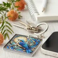 Ethereal Blue Bird Perched on Window Keychain