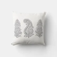 Indian Motif Handblock Print Gray on White Throw Pillow
