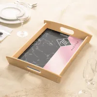 Elegant Black Marble & Pink Foil Monogram Serving Tray