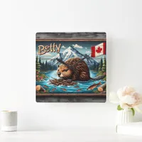 Canadian Beaver Nesting by Mountain River Square Wall Clock