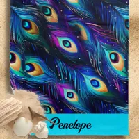 Purple and Blue Peacock Feathers Beach Towel