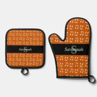 Monogram Music Notes Musical Pattern Burnt Orange Oven Mitt & Pot Holder Set