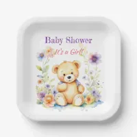 Teddy Bear in Flowers Girl's Baby Shower Paper Plates