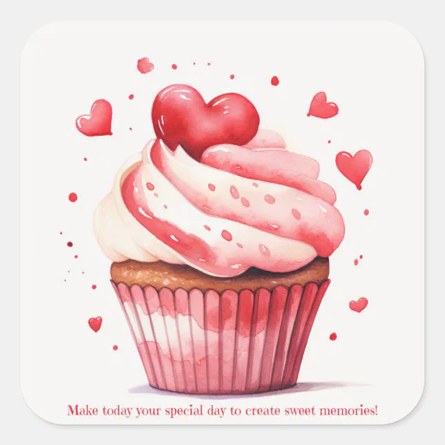 Red Hearts Sweet Cupcake Valentine's Day Card Square Sticker