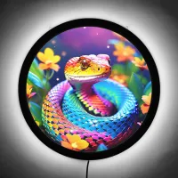 Cobra snake with vibrant turquoise pink and yellow LED sign