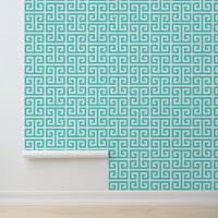 Bright Turquoise and White Greek Key Wallpaper