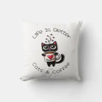 Life is Better with Cats and Coffee Cat Hearts Throw Pillow