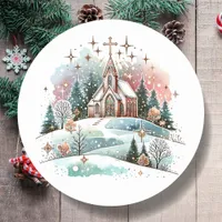 Watercolor Church on a Winter Day Christmas Classic Round Sticker