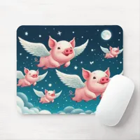 Whimsical Cute Flying Pigs in Starry Night Sky Mouse Pad