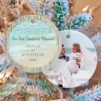 Rustic Beach Newlywed Photo First Christmas Ceramic Ornament