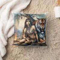 Native Woman With Tiger at Twilight Throw Pillow