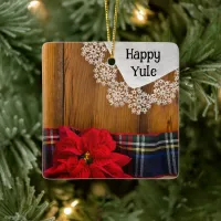 Rustic Poinsettia Flower and Red Ribbon Happy Yule Ceramic Ornament