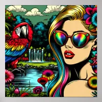 Retro Woman and Parrot in the Park Pop Art  Poster