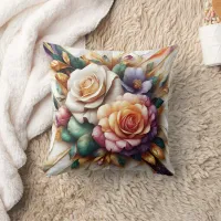 Vibrant Roses With Leaves on a Marble Background Throw Pillow