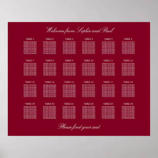 Burgundy 24 Table Wedding Seating Chart Poster