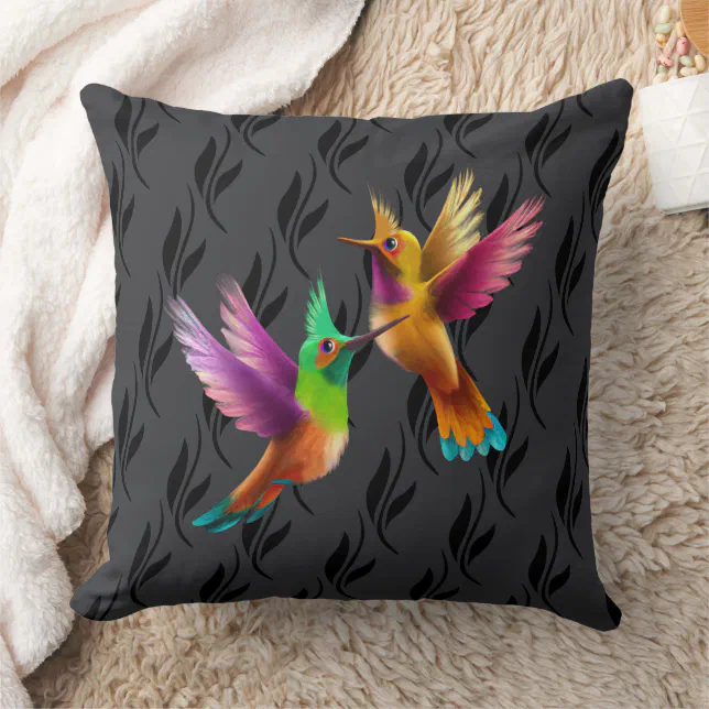 Colorful Crested Hummingbirds in Flight Throw Pillow