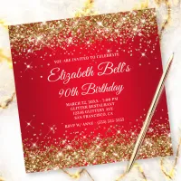 Sparkly Gold Glitter Red Ombre 90th Birthday Invitation