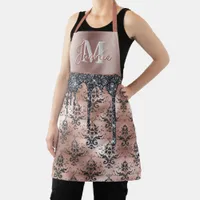 Monogram Metallic Rose Gold Damask & Black Glitter Apron