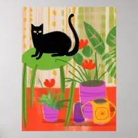 A Black Cat With Houseplants Poster