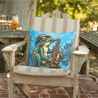 Summer Fresh Blue, Saxophone Frog Outdoor Pillow