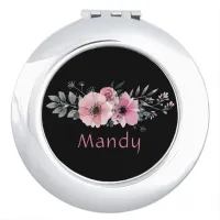 Personalized Black and Rose Pink Floral Watercolor Compact Mirror