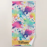 Pastel Rainbow Paint Splatter Beach Towel