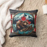 Canadian Beaver Building a Dam by Mountain Lake Throw Pillow