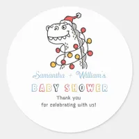 Boy Dinosaur Winter Christmas Coed Baby Shower Classic Round Sticker