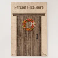 Southwest Chile Ristra Wreath Weathered Wood Door Jigsaw Puzzle