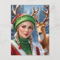 Festive Fantasy blond woman and deer Christmas Postcard