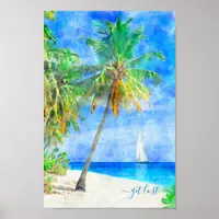 Tropical Island Beach Palm Tree Sailboat Poster