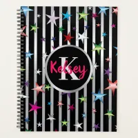 Shiny Stars On Black and Silver Stripes with Name  Planner