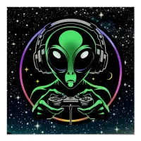 Alien Playing Video Games with Star Background Poster