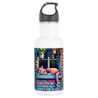 Sleepy Cat in Window Sill Ai Art Stainless Steel Water Bottle