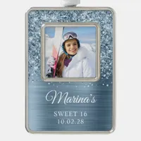 Glittery Light Blue Foil Sweet 16 Photo Christmas Ornament