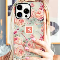 Trendy Peach Roses Monogram Floral iPhone 16 Pro Max Case