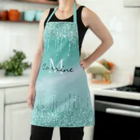 Monogram Aqua Blue Dripping Teal Glitter Metallic Apron